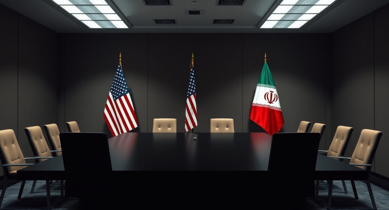 Empty negotiation table with American and Iranian flags in a dimly lit room, symbolizing geopolitical tension.