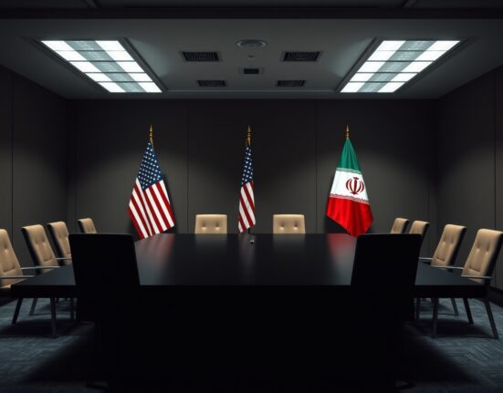 Empty negotiation table with American and Iranian flags in a dimly lit room, symbolizing geopolitical tension.