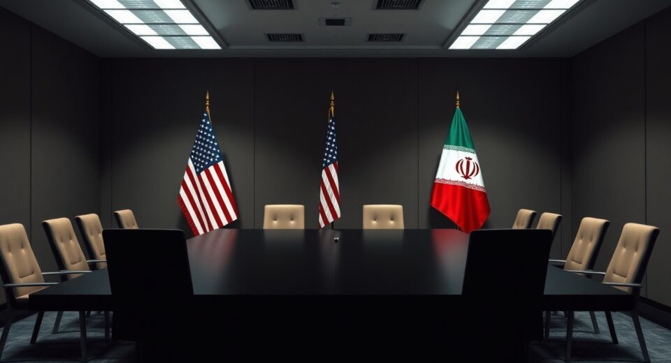 Empty negotiation table with American and Iranian flags in a dimly lit room, symbolizing geopolitical tension.