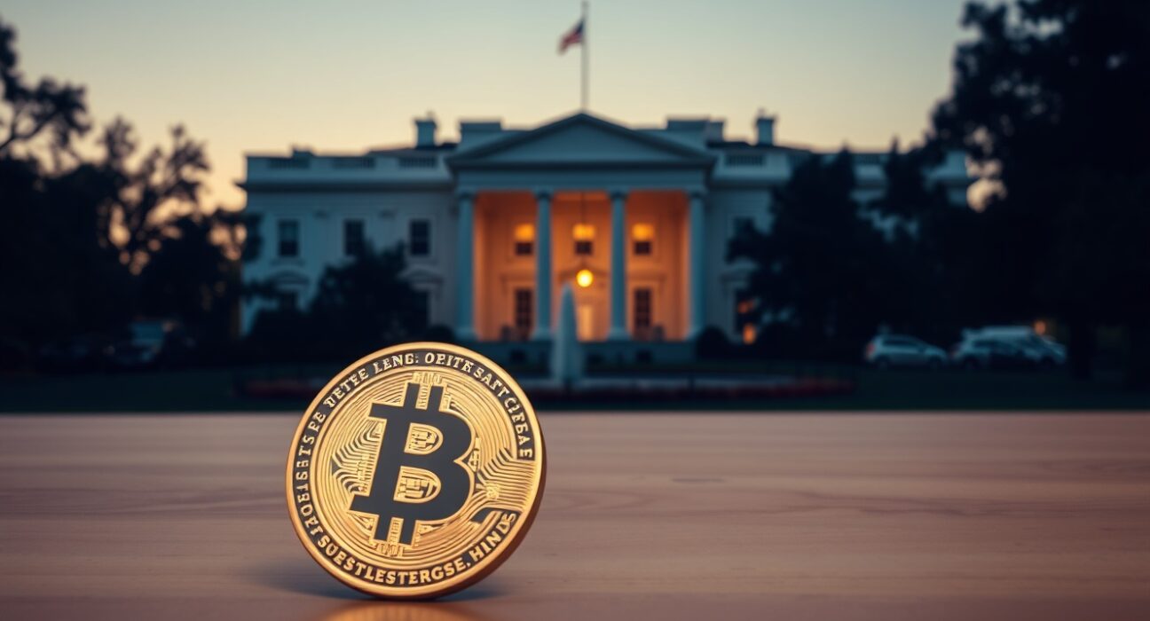 White House at twilight with a Bitcoin coin in the foreground, representing Trump's crypto earnings controversy.