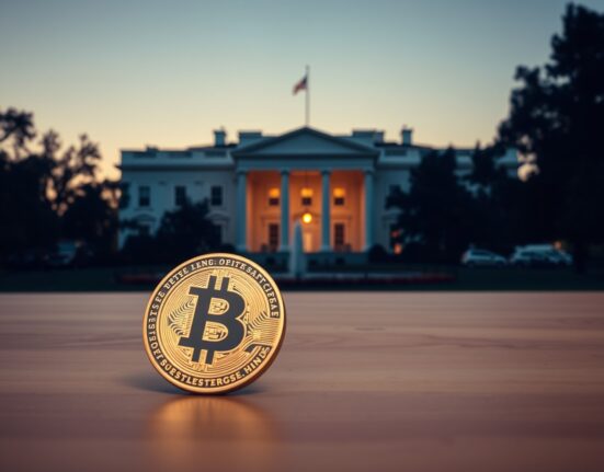 White House at twilight with a Bitcoin coin in the foreground, representing Trump's crypto earnings controversy.