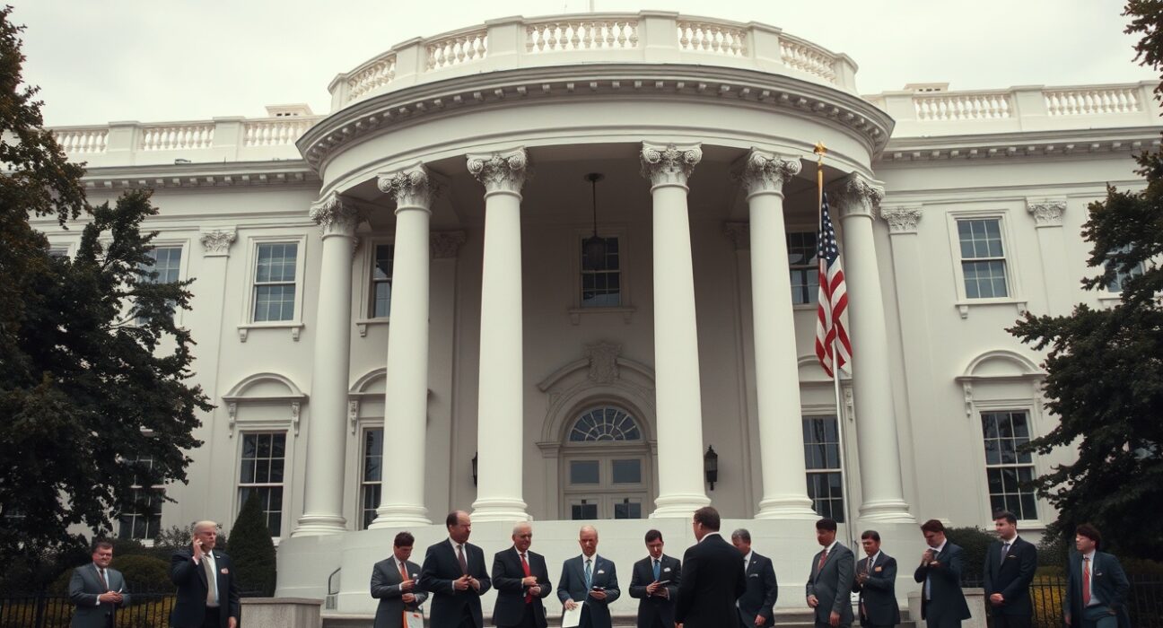 White House entrance with journalists and officials gathered on a cloudy morning in Washington D.C.