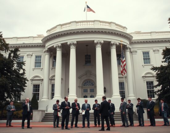 White House entrance with journalists and officials gathered on a cloudy morning in Washington D.C.