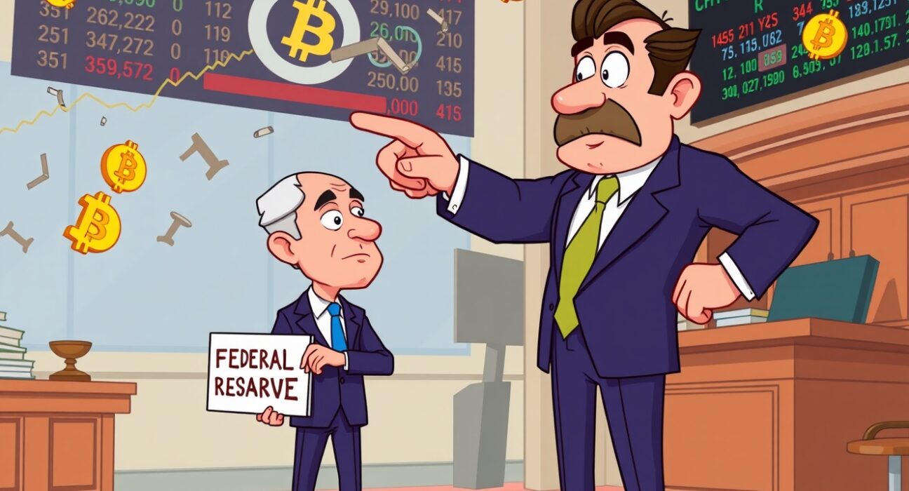 A cartoon depicting a political figure demanding interest rate cuts from the Federal Reserve Chair.
