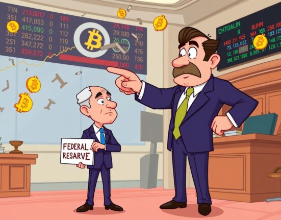 A cartoon depicting a political figure demanding interest rate cuts from the Federal Reserve Chair.