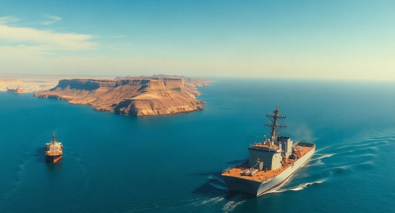 US Navy ship patrols the Strait of Hormuz near the Iranian coast