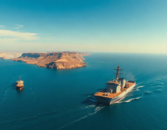US Navy ship patrols the Strait of Hormuz near the Iranian coast