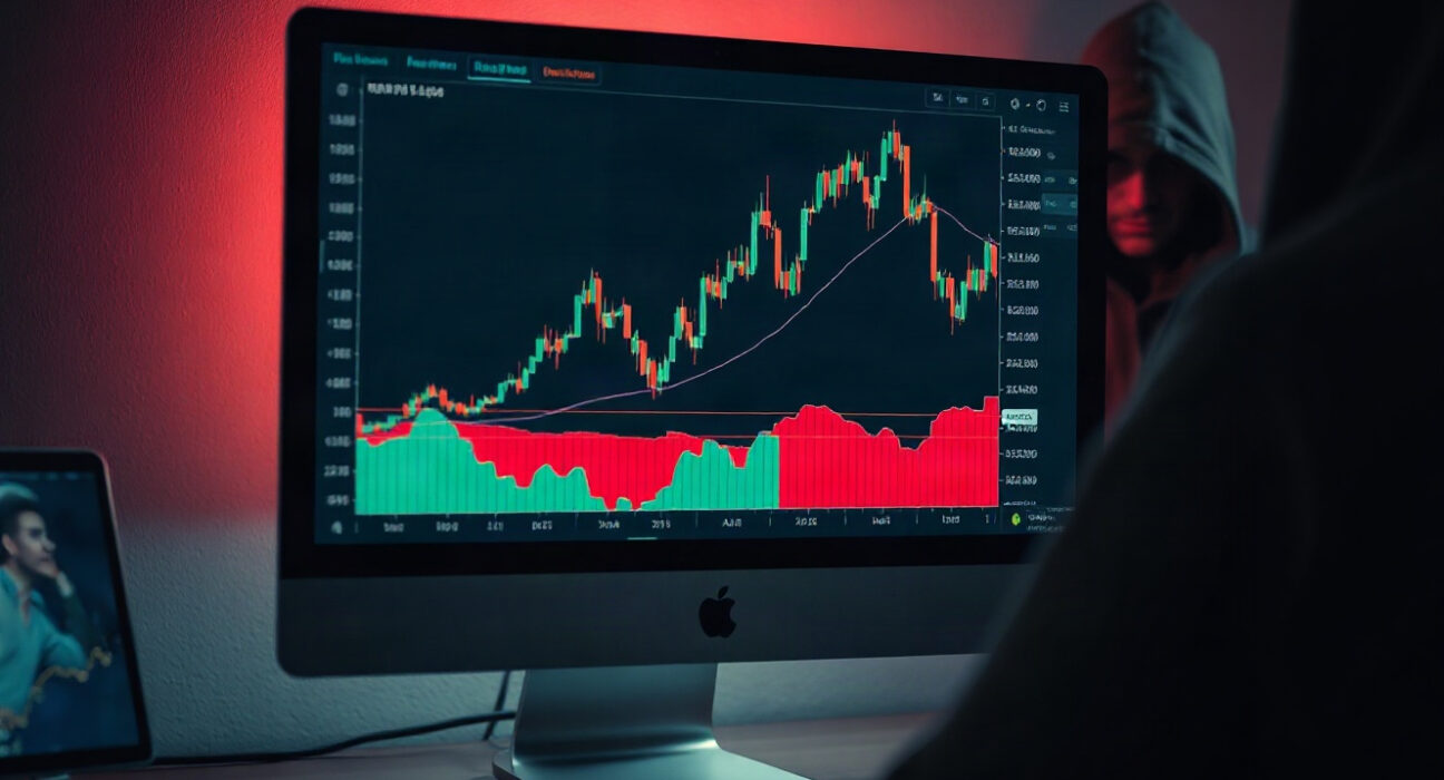 Cryptocurrency trading chart showing a spike and crash on a monitor in a dark room, representing the Trump Digital Gold token scam.