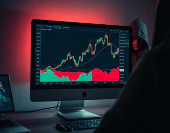 Cryptocurrency trading chart showing a spike and crash on a monitor in a dark room, representing the Trump Digital Gold token scam.