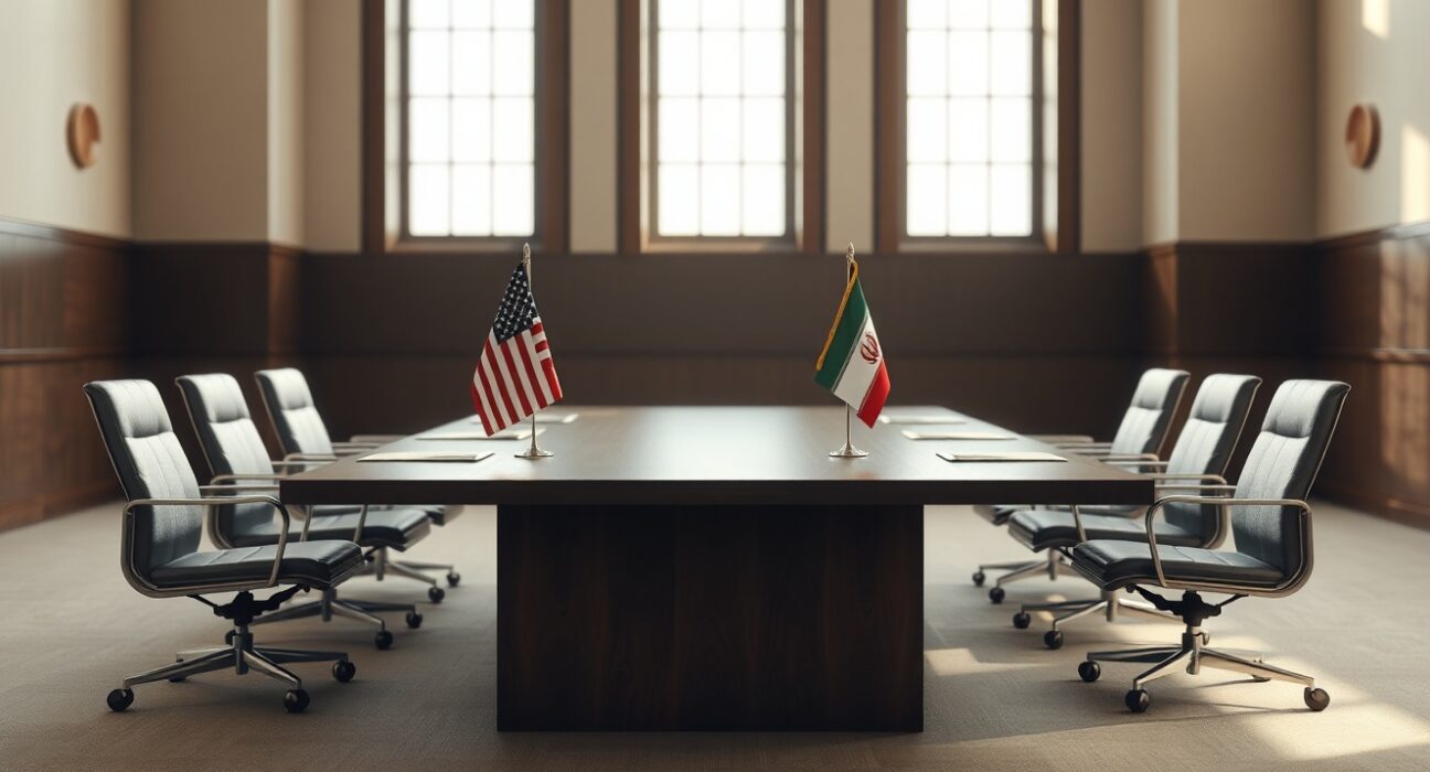 Empty diplomatic meeting room with US and Iran flags, symbolizing potential negotiations