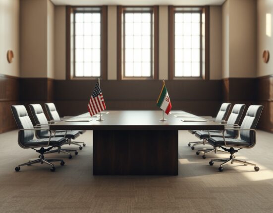 Empty diplomatic meeting room with US and Iran flags, symbolizing potential negotiations