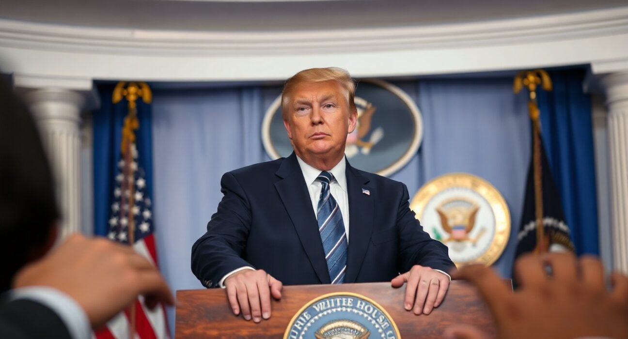 President Donald Trump speaking at a White House press briefing about the Federal Reserve's interest rate decision.
