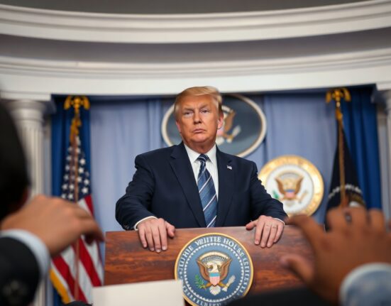 President Donald Trump speaking at a White House press briefing about the Federal Reserve's interest rate decision.