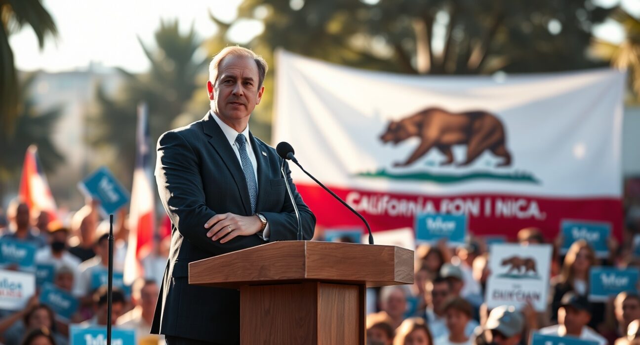President Trump endorses Steve Hilton at a California political rally with a crypto-themed backdrop.