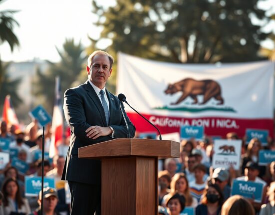 President Trump endorses Steve Hilton at a California political rally with a crypto-themed backdrop.