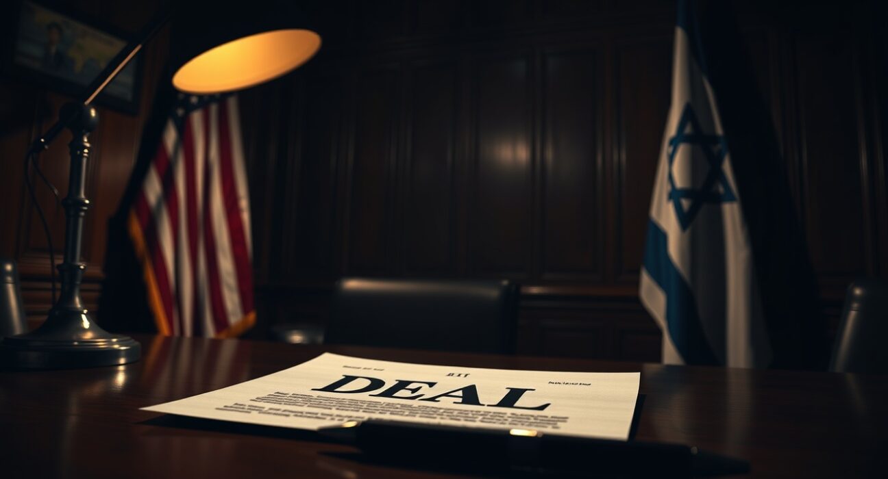A document labeled DEAL on a desk with American and Israeli flags in a dimly lit room
