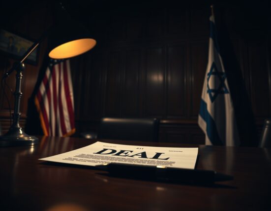 A document labeled DEAL on a desk with American and Israeli flags in a dimly lit room