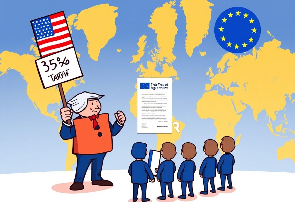 Cartoon illustrating the potential Trump EU tariff threat and its implications for international trade relations.
