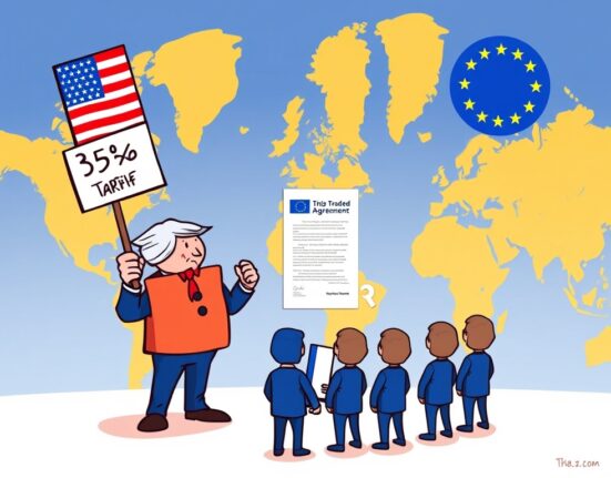 Cartoon illustrating the potential Trump EU tariff threat and its implications for international trade relations.