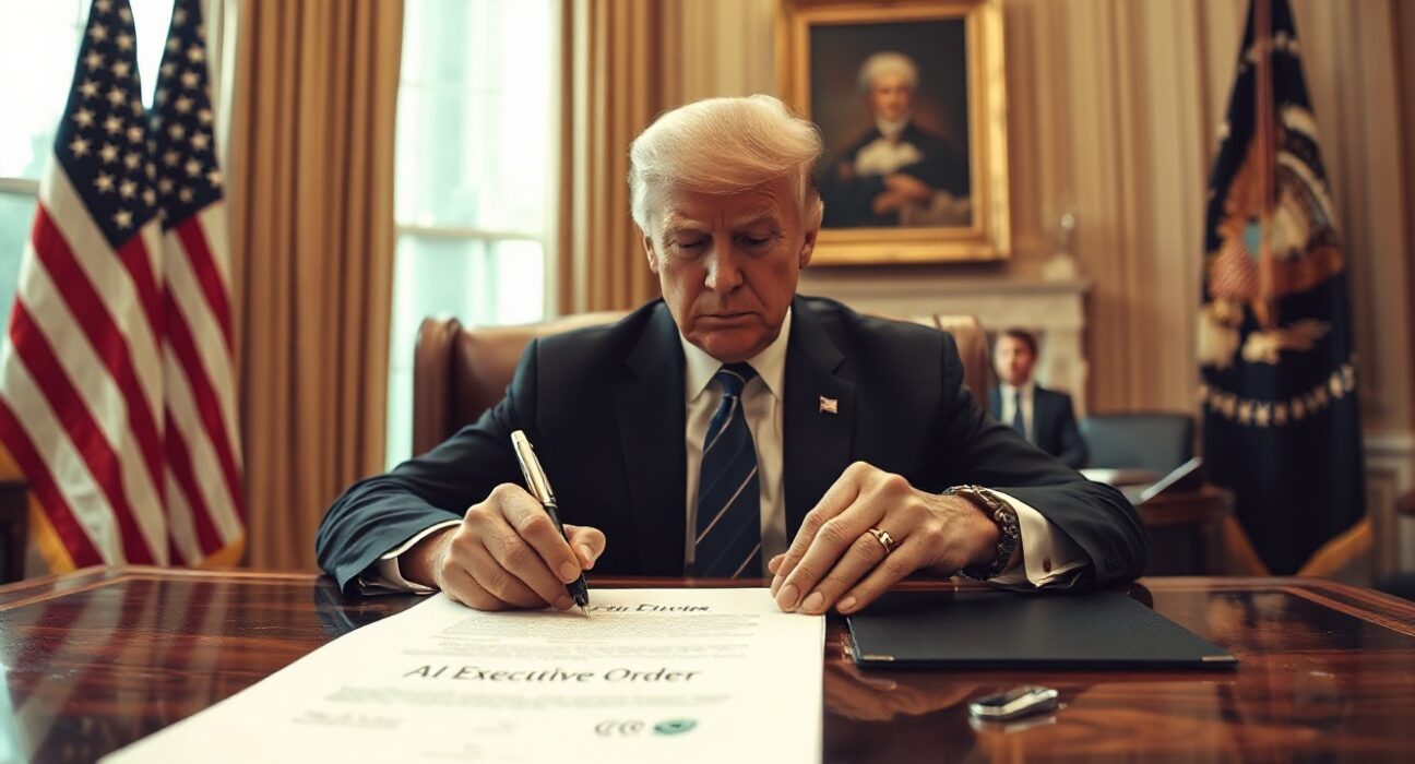 President Trump signing an executive order on AI at the Resolute Desk in the Oval Office.