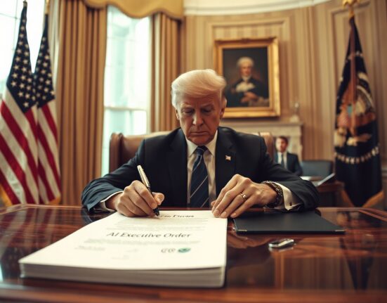 President Trump signing an executive order on AI at the Resolute Desk in the Oval Office.