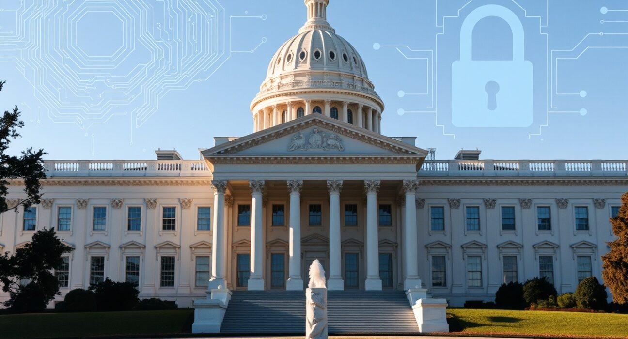 White House with digital overlay representing quantum computing and encryption technology