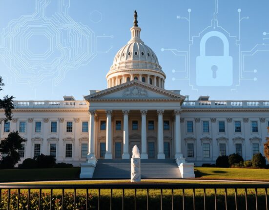 White House with digital overlay representing quantum computing and encryption technology