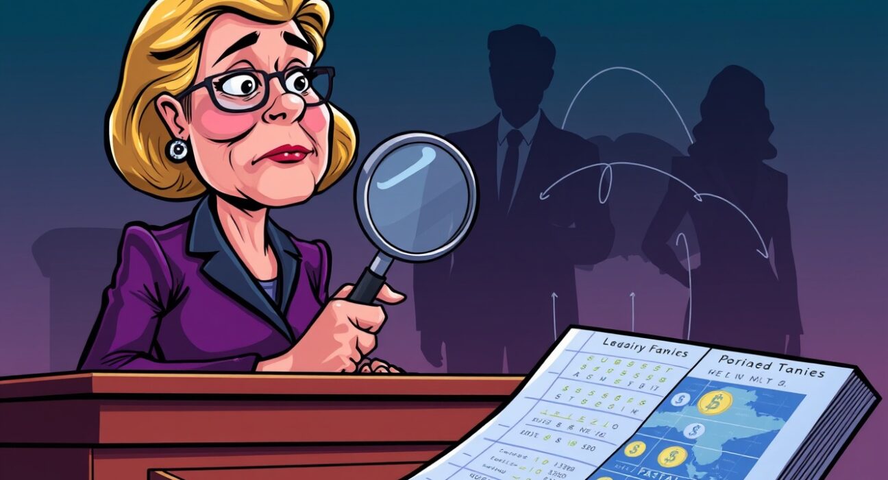 A cartoon showing a senator scrutinizing digital ledgers, symbolizing an investigation into Trump family crypto deals and political transparency.