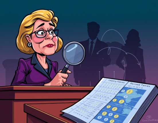 A cartoon showing a senator scrutinizing digital ledgers, symbolizing an investigation into Trump family crypto deals and political transparency.