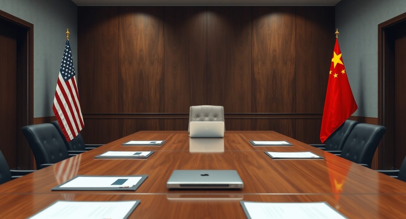 Meeting room with US and China flags and documents on table representing trade negotiations