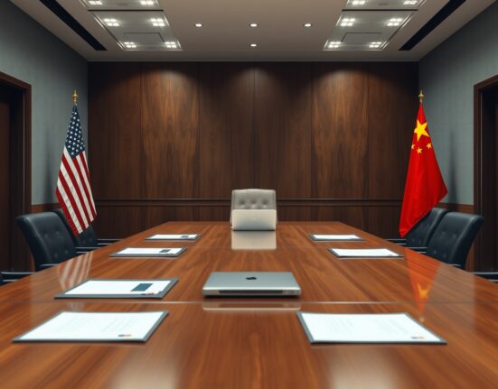 Meeting room with US and China flags and documents on table representing trade negotiations