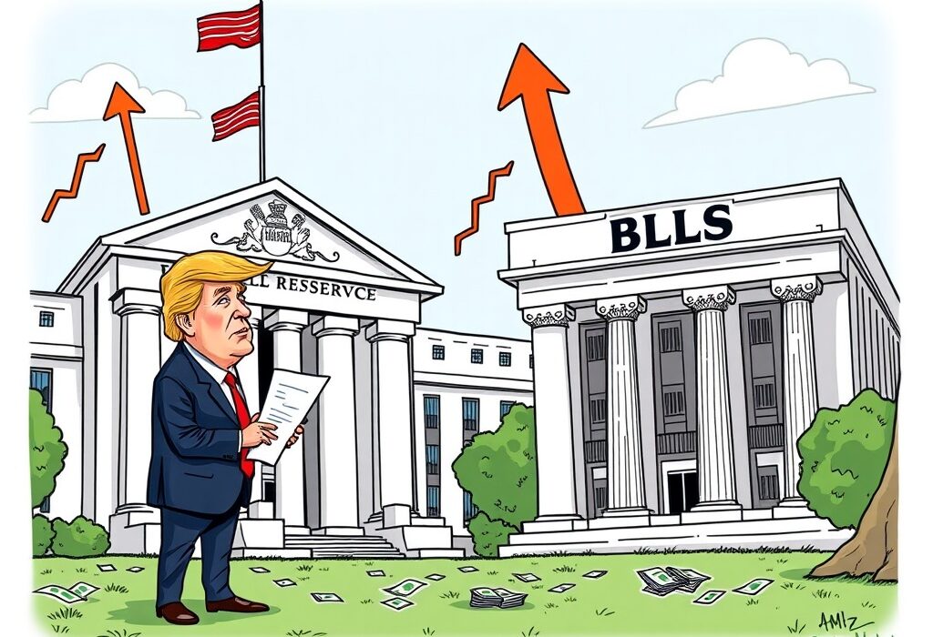 A cartoon illustration showing potential Trump Fed appointments influencing economic policy, symbolizing the impact on the financial landscape.