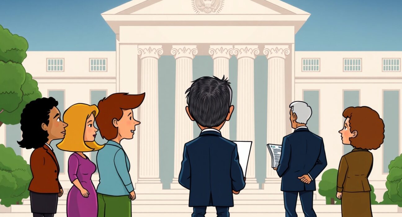 A cartoon illustration showing the selection process for the next Fed Chair candidates, highlighting the importance of the role.
