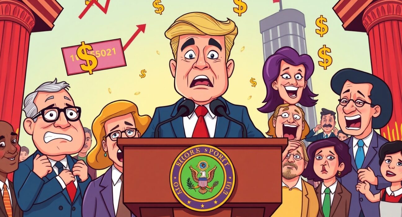 Trump announcing Fed Chair nominee at presidential podium with economic symbols