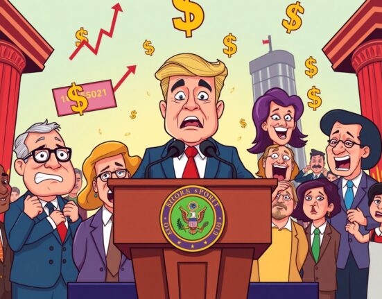 Trump announcing Fed Chair nominee at presidential podium with economic symbols