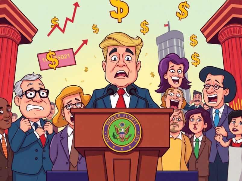 Trump announcing Fed Chair nominee at presidential podium with economic symbols