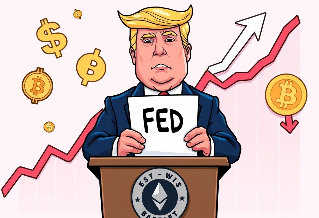 Cartoon illustrating Trump's significant Fed Chair pick decision, impacting the cryptocurrency market outlook and broader monetary policy.