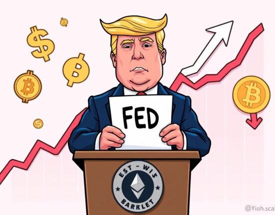 Cartoon illustrating Trump's significant Fed Chair pick decision, impacting the cryptocurrency market outlook and broader monetary policy.