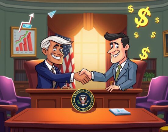 Cartoon illustration of presidential interview for Fed Chair position with financial symbols