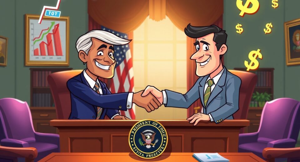 Cartoon illustration of presidential interview for Fed Chair position with financial symbols