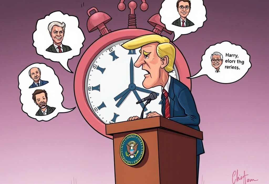 A cartoon illustration showing a president considering candidates for the Federal Reserve Chair, emphasizing the anticipation of a major economic decision.