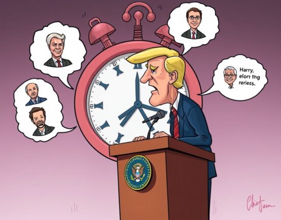 A cartoon illustration showing a president considering candidates for the Federal Reserve Chair, emphasizing the anticipation of a major economic decision.
