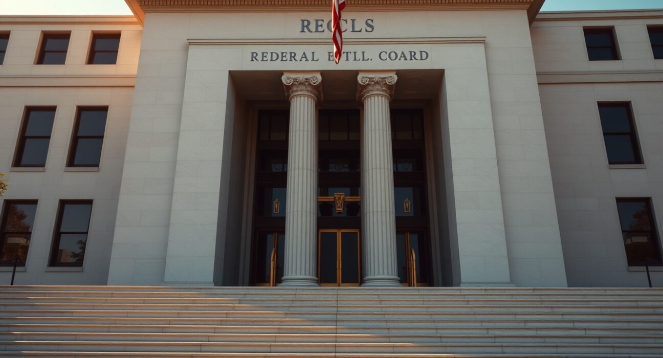 Exterior of the Federal Reserve building in Washington, D.C. during golden hour.