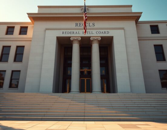 Exterior of the Federal Reserve building in Washington, D.C. during golden hour.