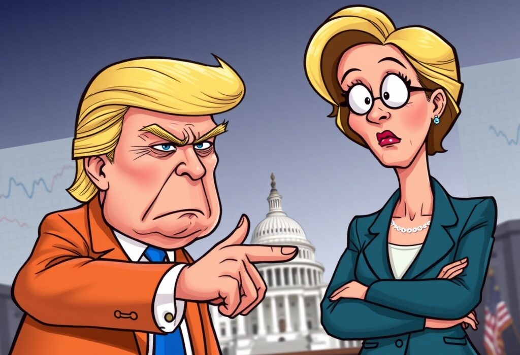 Cartoon illustration showing Donald Trump issuing a forceful ultimatum to a concerned Trump Fed Governor Lisa Cook, highlighting political tension.