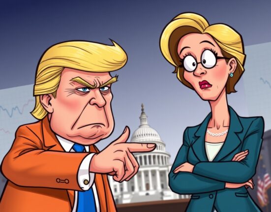 Cartoon illustration showing Donald Trump issuing a forceful ultimatum to a concerned Trump Fed Governor Lisa Cook, highlighting political tension.