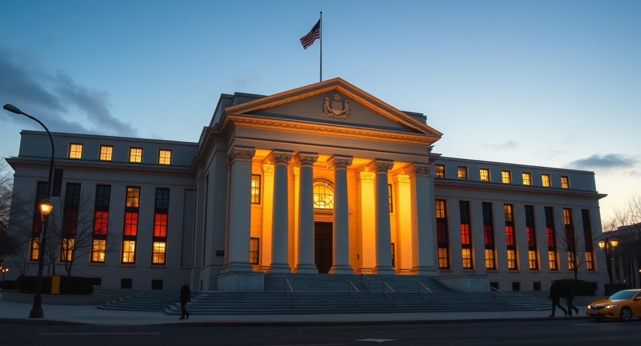 Federal Reserve building in Washington D.C. during urgent monetary policy discussions about interest rate cuts