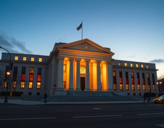 Federal Reserve building in Washington D.C. during urgent monetary policy discussions about interest rate cuts