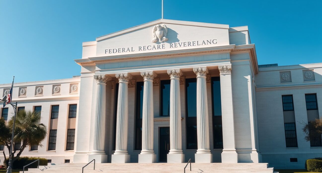 Exterior of the Federal Reserve building in Washington, D.C., on a clear day.