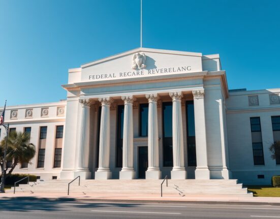 Exterior of the Federal Reserve building in Washington, D.C., on a clear day.